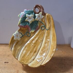 Vintage Fitz and Floyd Yellow Ceramic Gourd with Floral Accents